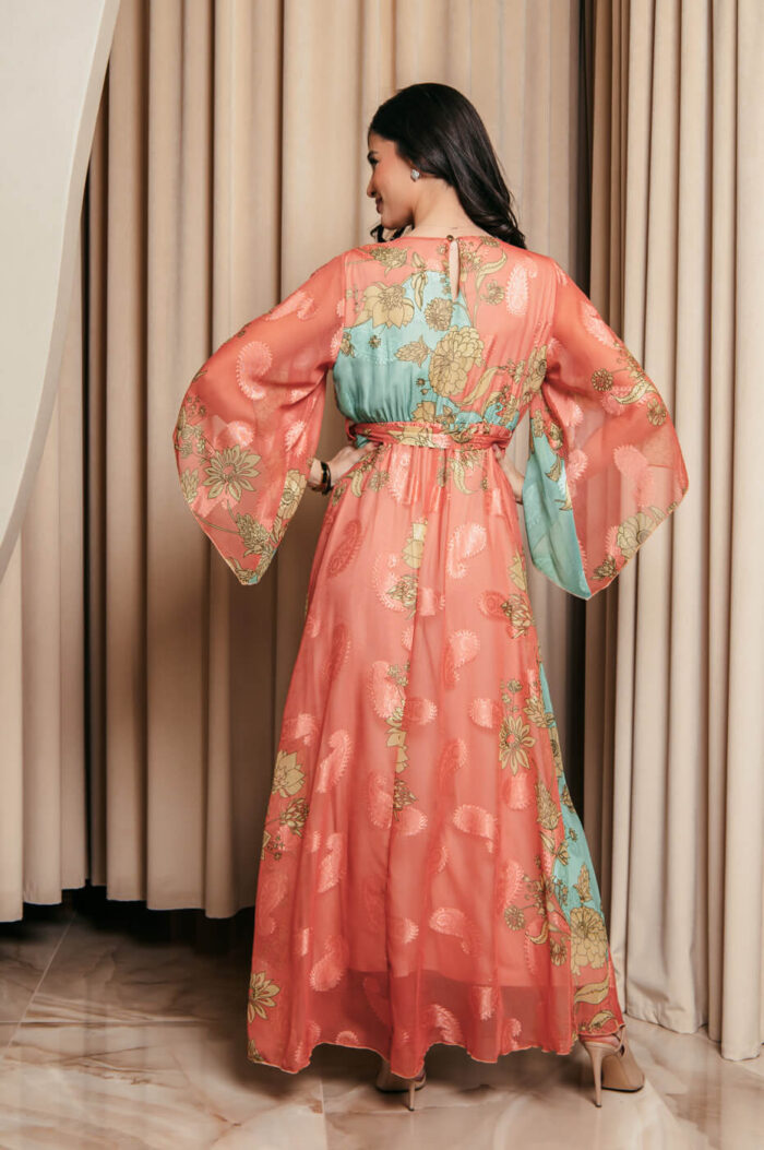 Φόρεμα maxi καμένο πορτοκαλί με χυτο μανίκι και floral print