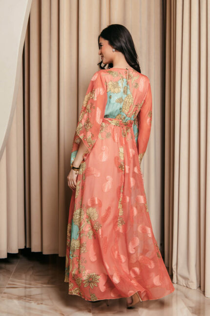 Φόρεμα maxi καμένο πορτοκαλί με χυτο μανίκι και floral print