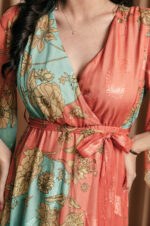Φόρεμα maxi καμένο πορτοκαλί με χυτο μανίκι και floral print