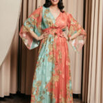 Φόρεμα maxi καμένο πορτοκαλί με χυτο μανίκι και floral print