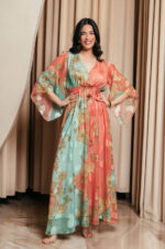 Φόρεμα maxi καμένο πορτοκαλί με χυτο μανίκι και floral print