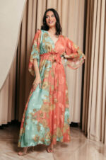 Φόρεμα maxi καμένο πορτοκαλί με χυτο μανίκι και floral print