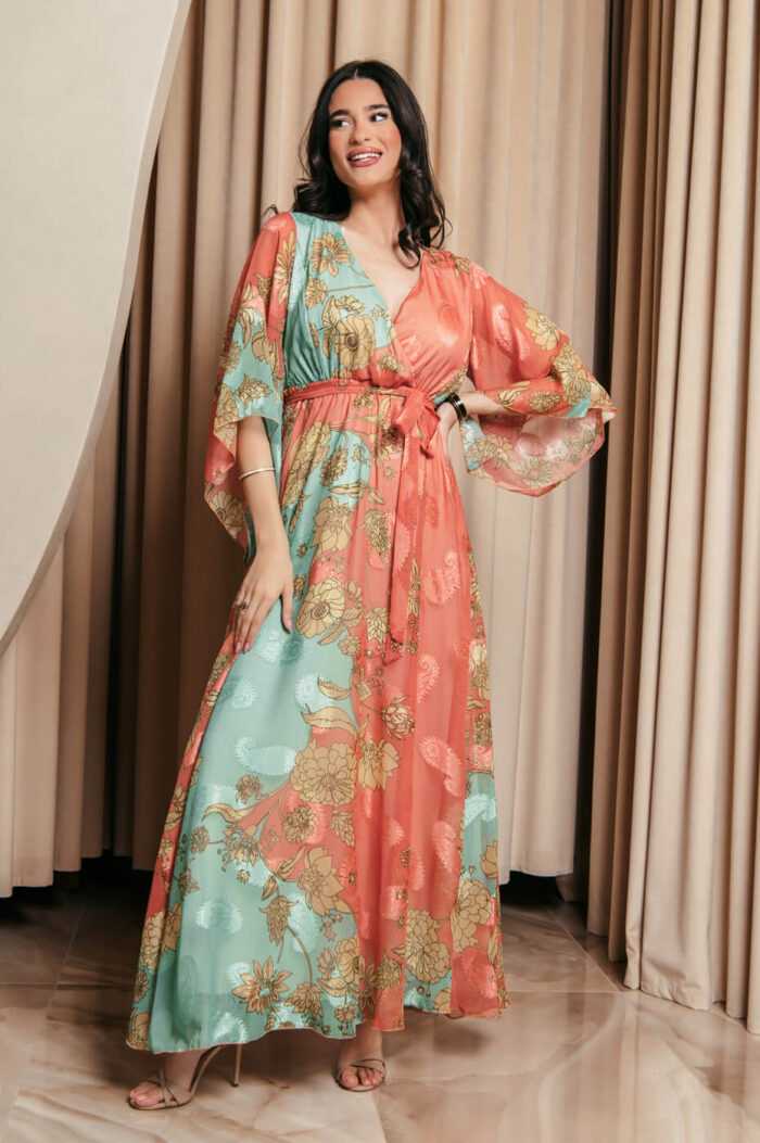 Φόρεμα maxi καμένο πορτοκαλί με χυτο μανίκι και floral print