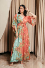 Φόρεμα maxi καμένο πορτοκαλί με χυτο μανίκι και floral print