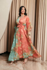 Φόρεμα maxi καμένο πορτοκαλί με χυτο μανίκι και floral print
