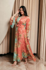 Φόρεμα maxi καμένο πορτοκαλί με χυτο μανίκι και floral print