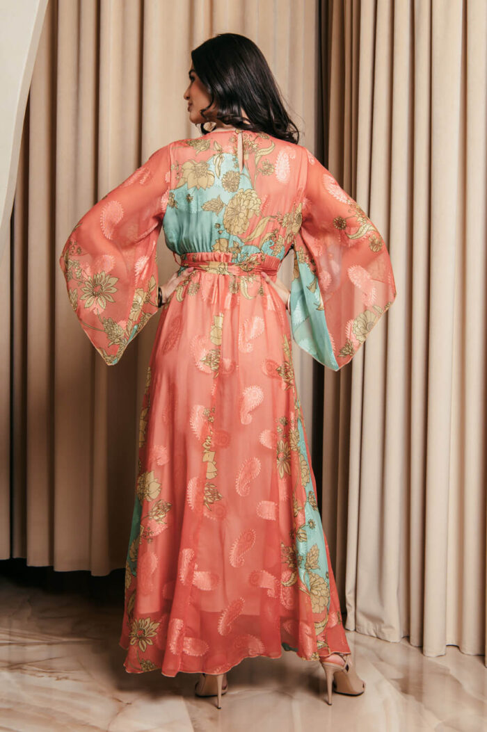 Φόρεμα maxi καμένο πορτοκαλί με χυτο μανίκι και floral print