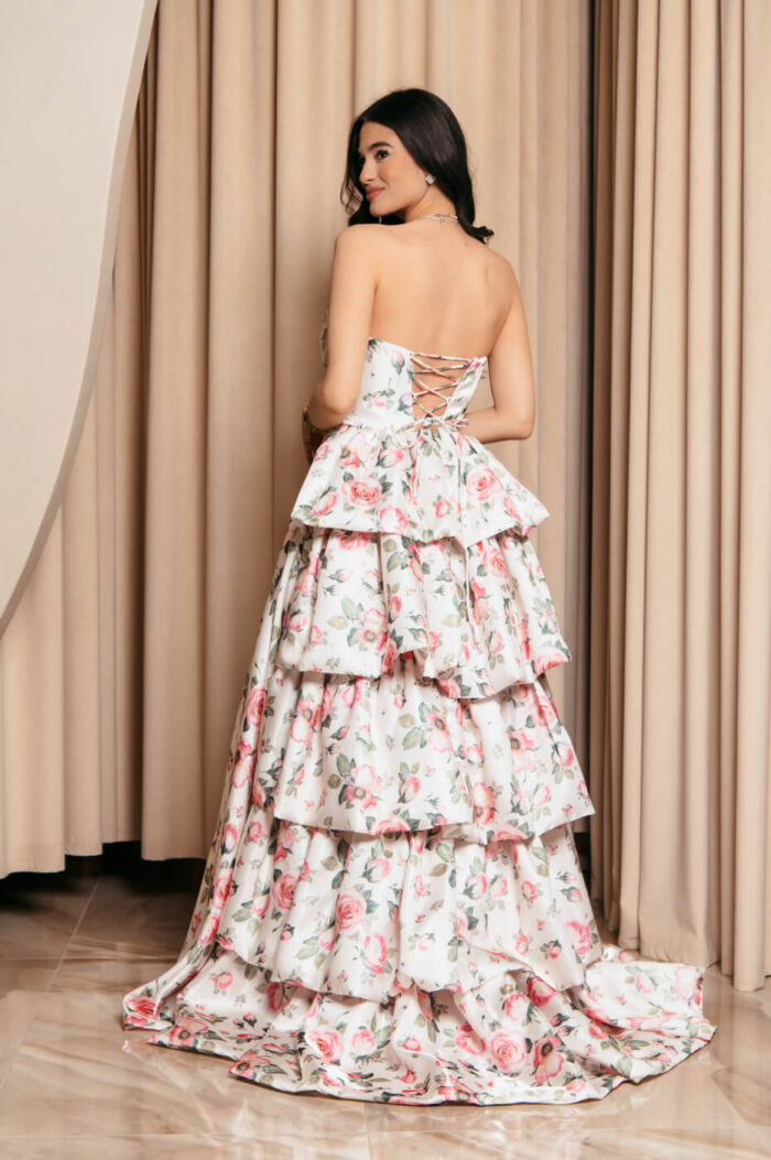 Φόρεμα maxi στράπλες λευκό floral με διαδοχικό βολάν - Image 11