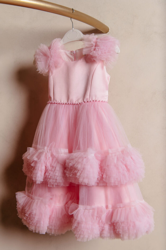 Παιδικό φόρεμα με πέρλες και τούλινα βολάν baby pink - Image 5
