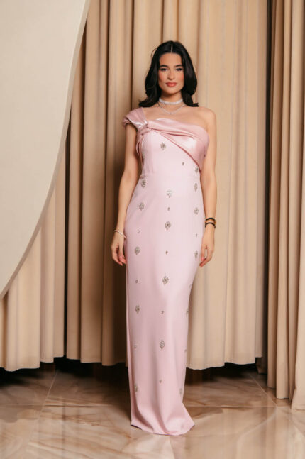 Φόρεμα maxi one shoulder με διακοσμητικές πέτρες baby pink
