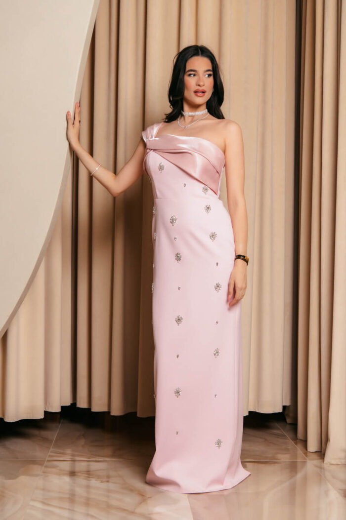 Φόρεμα maxi one shoulder με διακοσμητικές πέτρες baby pink - Image 3