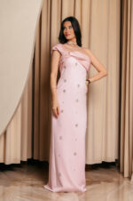 Φόρεμα maxi one shoulder με διακοσμητικές πέτρες baby pink - Image 7