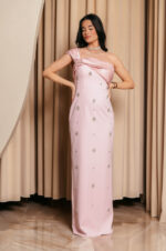 Φόρεμα maxi one shoulder με διακοσμητικές πέτρες baby pink - Image 9