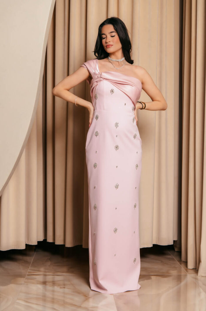 Φόρεμα maxi one shoulder με διακοσμητικές πέτρες baby pink - Image 9
