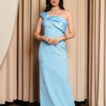 Φόρεμα maxi one shoulder με διακοσμητικές πέτρες baby blue