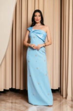 Φόρεμα maxi one shoulder με διακοσμητικές πέτρες baby blue