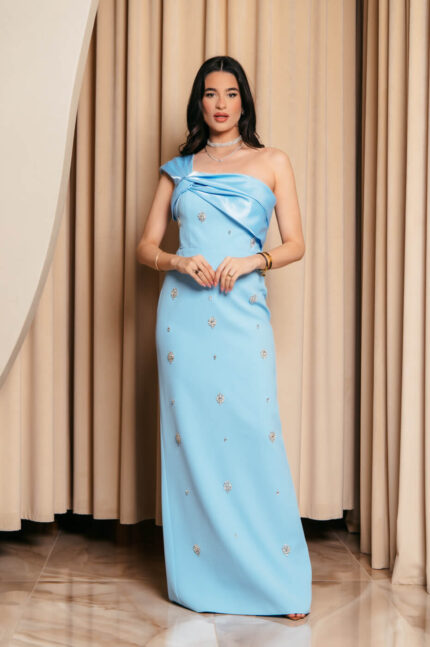 Φόρεμα maxi one shoulder με διακοσμητικές πέτρες baby blue