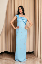 Φόρεμα maxi one shoulder με διακοσμητικές πέτρες baby blue - Image 11