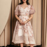 Φόρεμα midi floral με balloon μανίκια εκρού