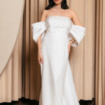 Φόρεμα maxi με σχέδιο φιόγκο και ουρά λευκό