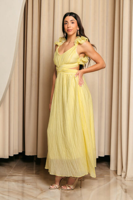 Φόρεμα maxi από τσαλακωμένο ύφασμα με βολάν στους ώμους κίτρινο