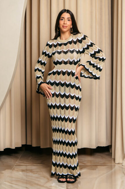 Φόρεμα maxi πλεκτό θαλάσσης beachwear μαύρο-χρυσό-λευκό