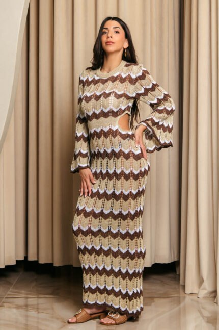 Φόρεμα maxi πλεκτό θαλάσσης beachwear καφέ-χρυσό-λευκό
