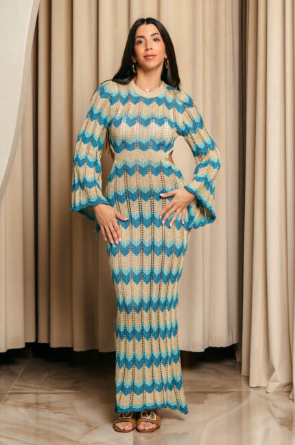 Φόρεμα maxi πλεκτό θαλάσσης beachwear μπλε-χρυσό