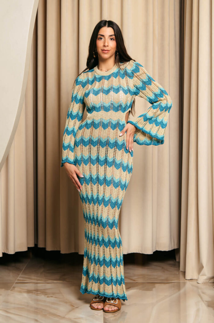 Φόρεμα maxi πλεκτό θαλάσσης beachwear μπλε-χρυσό - Image 7