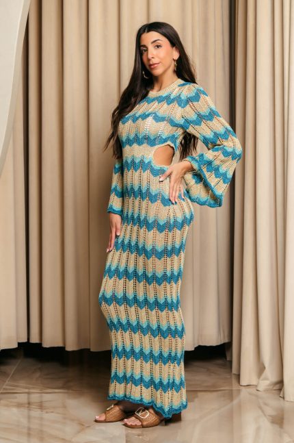Φόρεμα maxi πλεκτό θαλάσσης beachwear μπλε-χρυσό