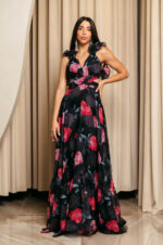 Φόρεμα maxi με floral print και βολάν στους ώμους μαύρο