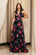 Φόρεμα maxi με floral print και βολάν στους ώμους μαύρο