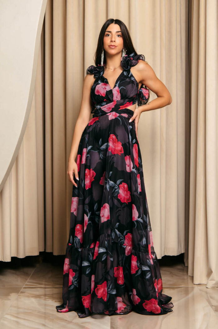 Φόρεμα maxi με floral print και βολάν στους ώμους μαύρο