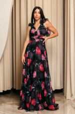 Φόρεμα maxi με floral print και βολάν στους ώμους μαύρο