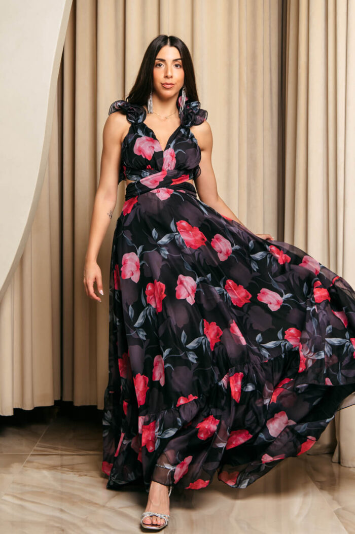 Φόρεμα maxi με floral print και βολάν στους ώμους μαύρο