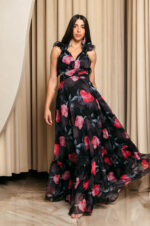 Φόρεμα maxi με floral print και βολάν στους ώμους μαύρο