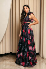 Φόρεμα maxi με floral print και βολάν στους ώμους μαύρο