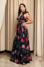 Φόρεμα maxi με floral print και βολάν στους ώμους μαύρο