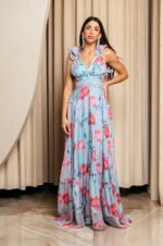 Φόρεμα maxi με floral print και βολάν στους ώμους τιρκουάζ