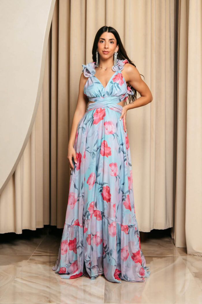 Φόρεμα maxi με floral print και βολάν στους ώμους τιρκουάζ
