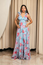Φόρεμα maxi με floral print και βολάν στους ώμους τιρκουάζ