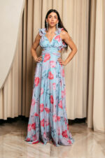 Φόρεμα maxi με floral print και βολάν στους ώμους τιρκουάζ