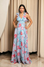 Φόρεμα maxi με floral print και βολάν στους ώμους τιρκουάζ