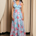 Φόρεμα maxi με floral print και βολάν στους ώμους τιρκουάζ