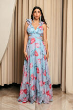 Φόρεμα maxi με floral print και βολάν στους ώμους τιρκουάζ