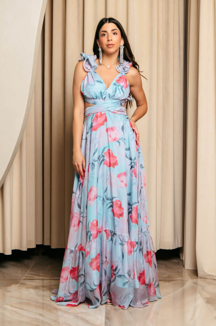Φόρεμα maxi με floral print και βολάν στους ώμους τιρκουάζ