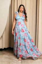 Φόρεμα maxi με floral print και βολάν στους ώμους τιρκουάζ