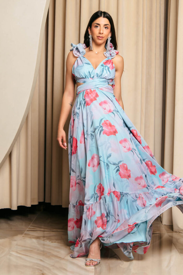 Φόρεμα maxi με floral print και βολάν στους ώμους τιρκουάζ