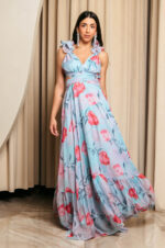 Φόρεμα maxi με floral print και βολάν στους ώμους τιρκουάζ