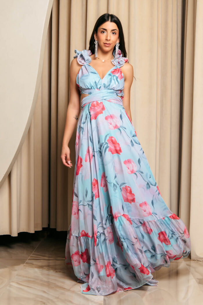 Φόρεμα maxi με floral print και βολάν στους ώμους τιρκουάζ